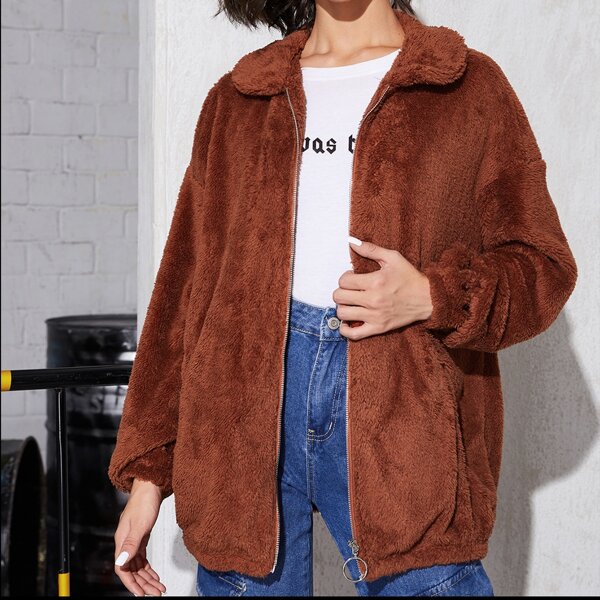 

Drop Shoulder Zipper Placket Teddy Coat, Rust brown