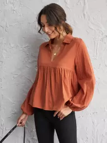 Lantern Sleeve Notch Neck Smock Top - Burnt Orange - View 1