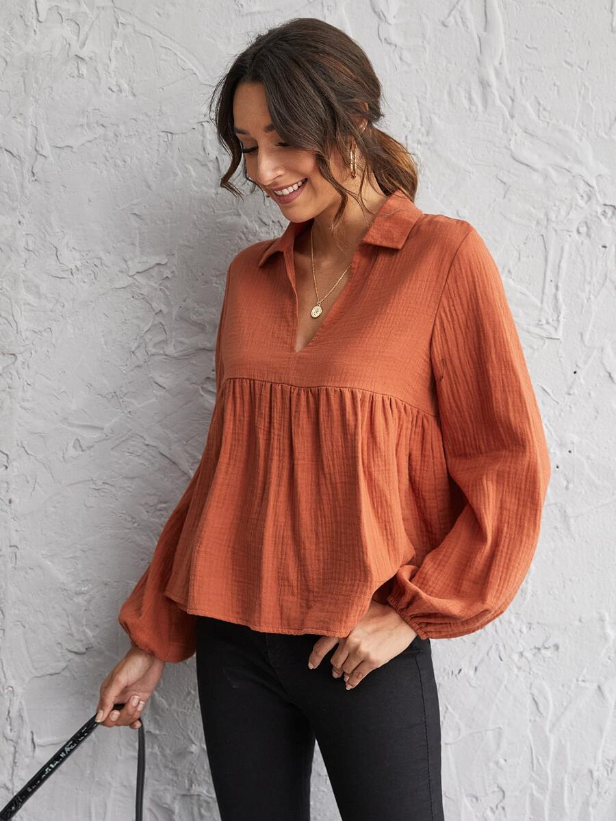Lantern Sleeve Notch Neck Smock Top - Burnt Orange - View 1