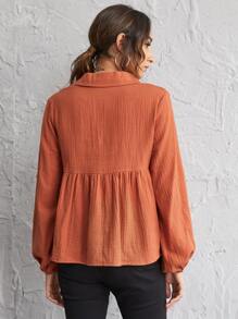 Lantern Sleeve Notch Neck Smock Top - Burnt Orange - View 2