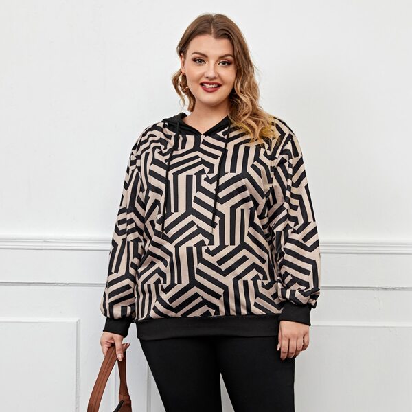 

Plus Geo Print Drop Shoulder Drawstring Hoodie, Multicolor