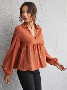 Lantern Sleeve Notch Neck Smock Top - Burnt Orange - View 3