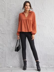 Lantern Sleeve Notch Neck Smock Top - Burnt Orange - View 4
