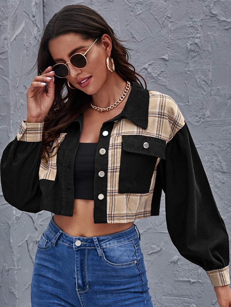 SHEIN Frenchy Contrast Plaid Crop Corduroy Jacket - Black - View 1