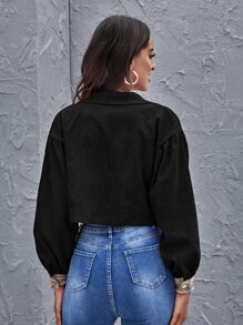 SHEIN Frenchy Contrast Plaid Crop Corduroy Jacket - Black - View 2