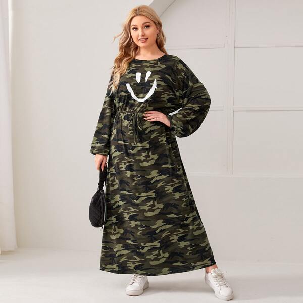 

Plus Knot Waist Cartoon Graphic Camo Dress, Multicolor