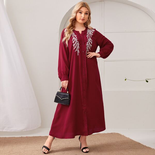 

Plus Embroidery Detail Lantern Sleeve Dress, Burgundy