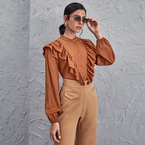

Button Front Ruffle Trim Top, Rust brown