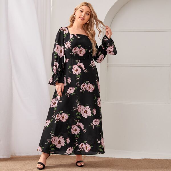 

Plus Allover Floral Print Flounce Sleeve Dress, Multicolor