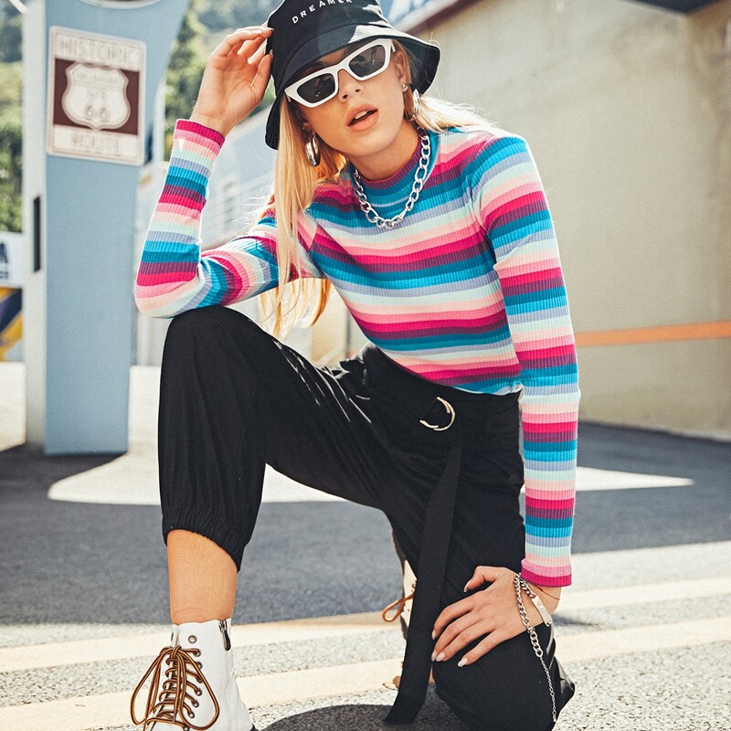 

Mock Neck Striped Colorblock Tee, Multicolor