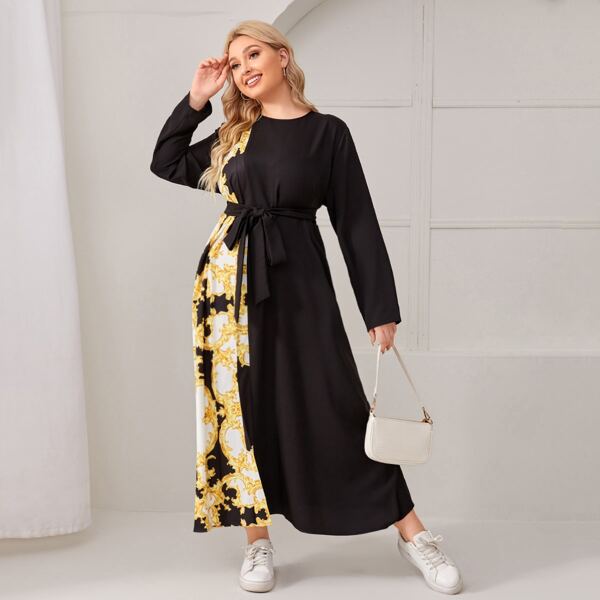 

Plus Baroque Print Panel Belted Dress, Black