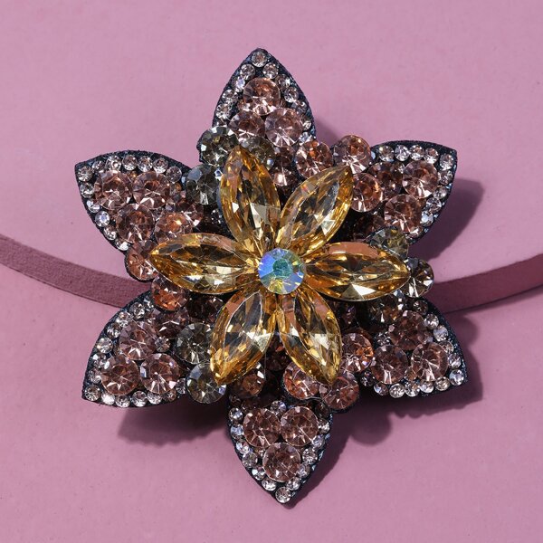 

Rhinestone Decor Flower Design Brooch, Coffee brown