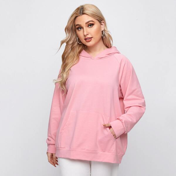 

Plus Raglan Sleeve Kangaroo Pocket Hoodie, Baby pink