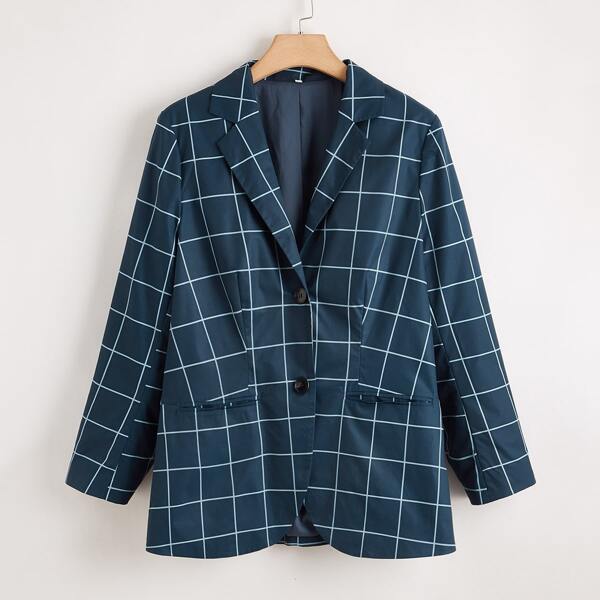 

Plus Plaid Print Lapel Collar Single Breasted Blazer, Navy blue