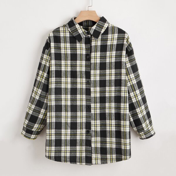 

Plus Button Front Tartan Print Blouse, Multicolor