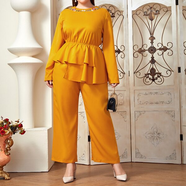 

Plus Embroidery Floral Asymmetrical Peplum Top & Palazzo Pants Set, Bright mustard yellow