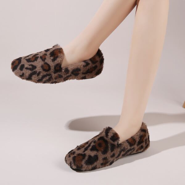 

Leopard Wide Fit Fluffy Loafers, Brown