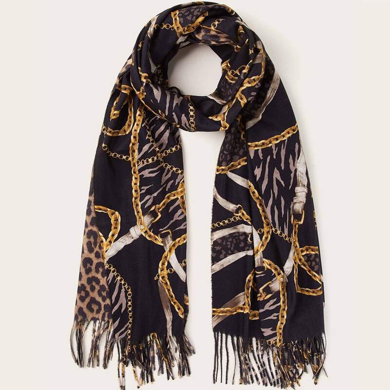 

Chain Print Tassel Trim Scarf, Multicolor