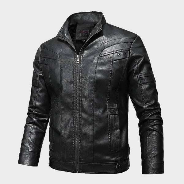 

Men Funnel Neck PU Leather Zip Up Jacket, Black