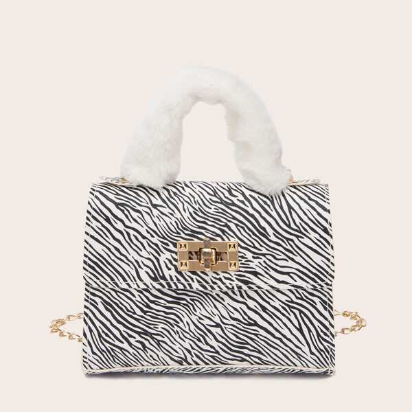

Zebra Print Fluffy Handle Satchel Bag, Black and white