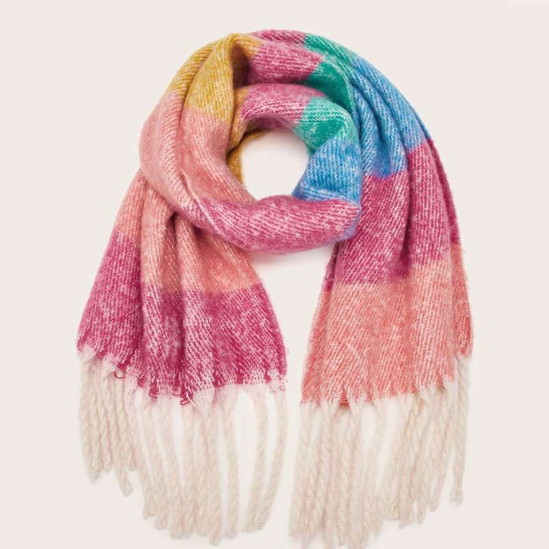 

Colorblock Tassel Trim Blanket Scarf, Multicolor