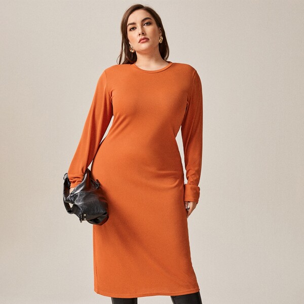 

Plus Solid Ribbed Slit Hem Dress, Orange