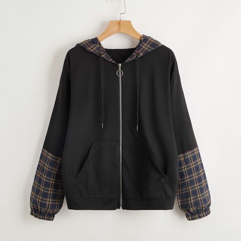 

Contrast Plaid Zip Up Hoodie, Multicolor