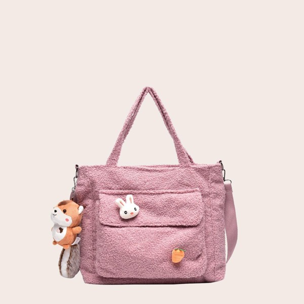 

Girls Cartoon Decor Animal Charm Fluffy Shoulder Bag, Pink