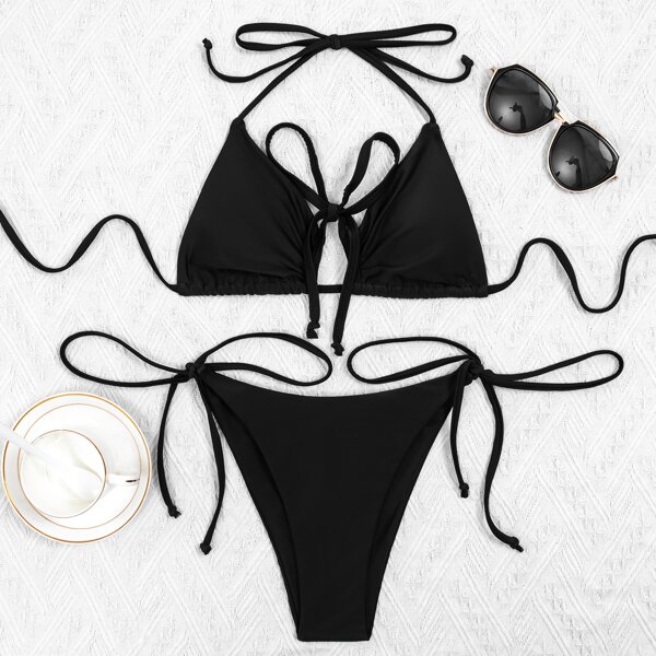 

Halter Triangle Tie Side Bikini Swimsuit, Black