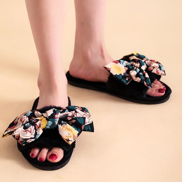 

Open Toe Bow Decor Fluffy Slippers, Black