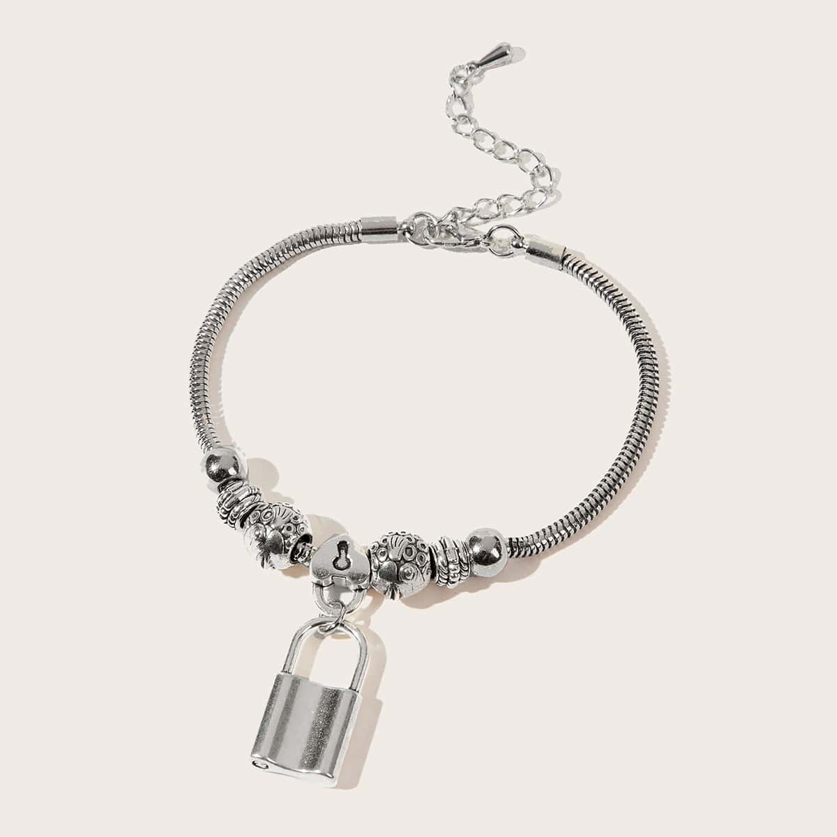 

Lock Beaded Decor Bracelet, Silver