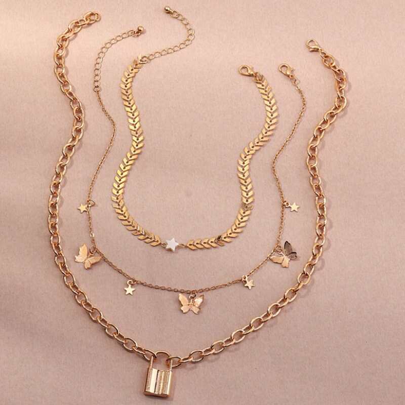 

3pcs Butterfly & Lock Chain Necklace, Gold