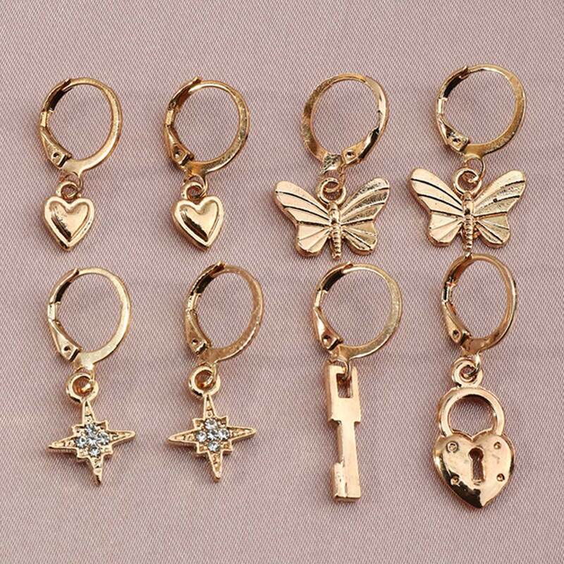 

4pairs Butterfly & Heart Drop Earrings, Gold