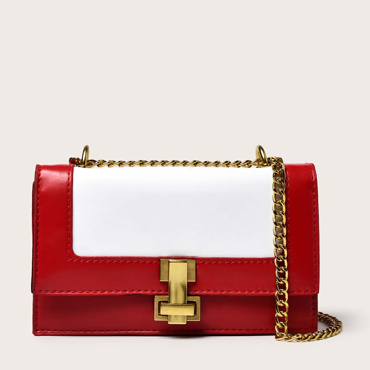 

Colorblock Chain Crossbody Bag, Red and white