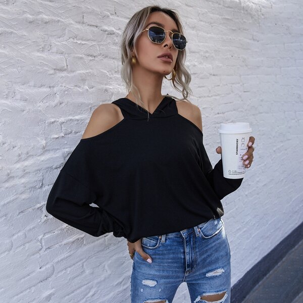 

Cold Shoulder Solid Hoodie, Black
