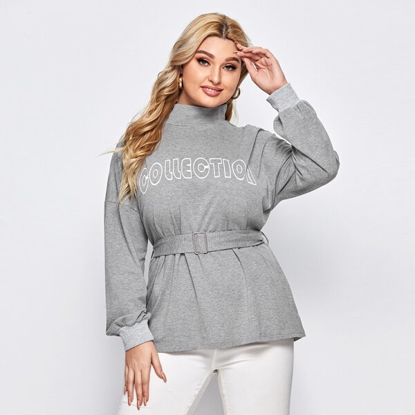 

Plus Letter Graphic Drop Shoulder Belted Sweatshirt, Grey