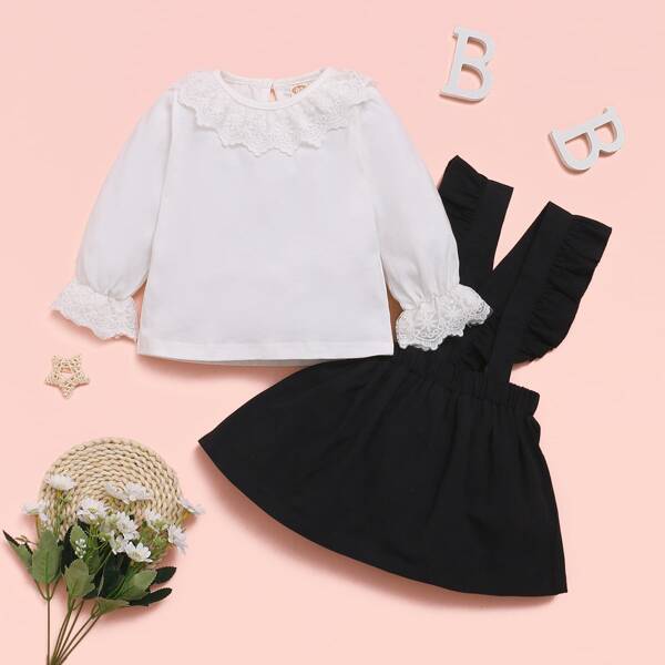 

Baby Girl Flounce Sleeve Tee With Ruffle Trim Strap Overall Dress, Black and white