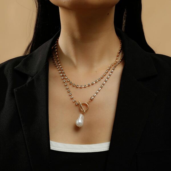 

Faux Pearl Pendant Necklace, Gold