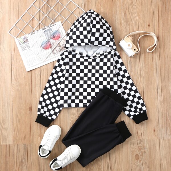 

Toddler Girls Checkered Hoodie & Sweatpants, Black and white