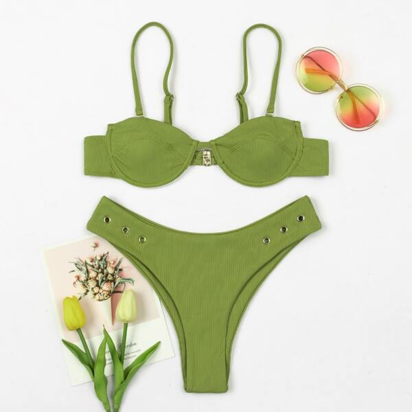 

Plain Rib Push Up Bikini Swimsuit, Green