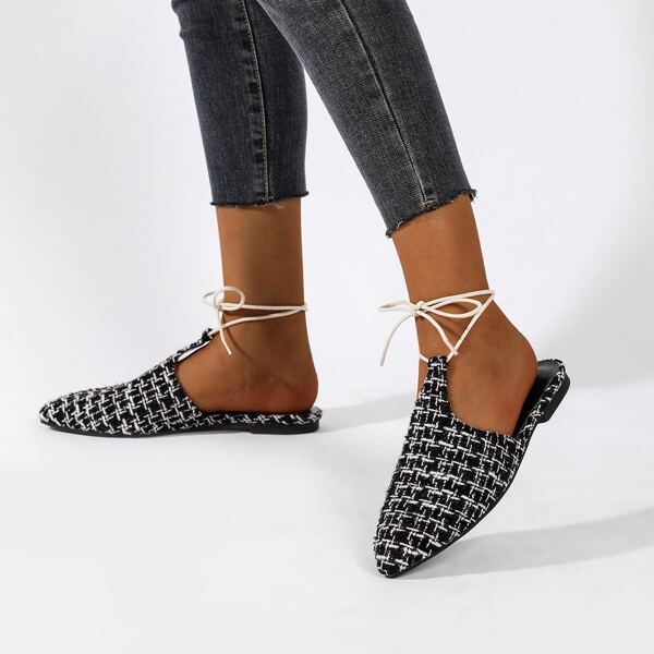 

Point Toe Tweed Tie Leg Flats, Black