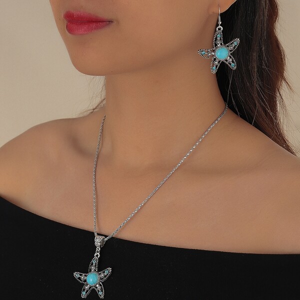 

1pc Starfish Pendant Necklace & 1pair Earrings, Blue