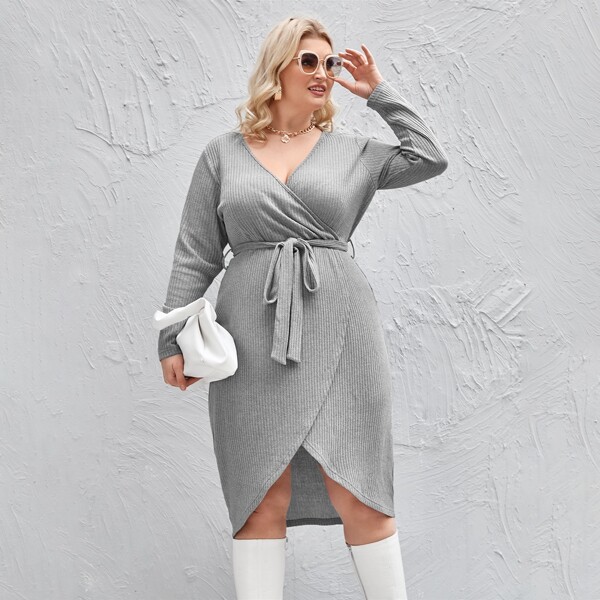 

Plus Rib-knit Belted Wrap Dress, Light grey