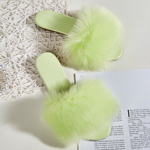 

Faux Fur Slide Sandals, Mint green