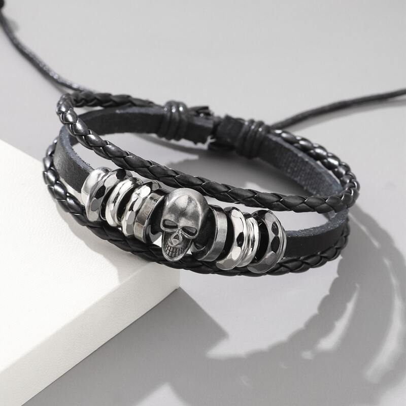 

Guys Skull Decor PU Bracelet, Black