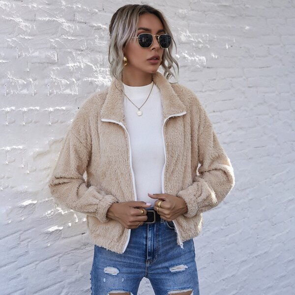 

Zip Up Drop Shoulder Teddy Jacket, Apricot
