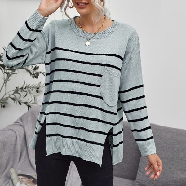 

Drop Shoulder Slit Hem Striped Sweater, Light grey