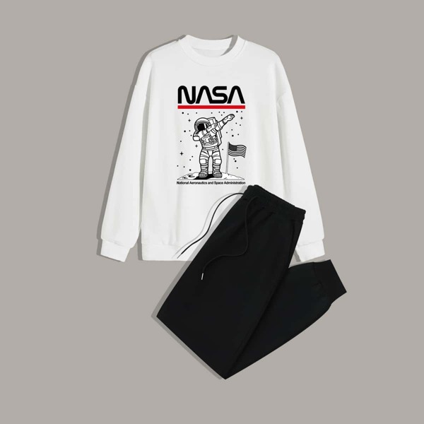 

Men Spaceman And Letter Graphic Sweatshirt & Sweatpants, Black and white