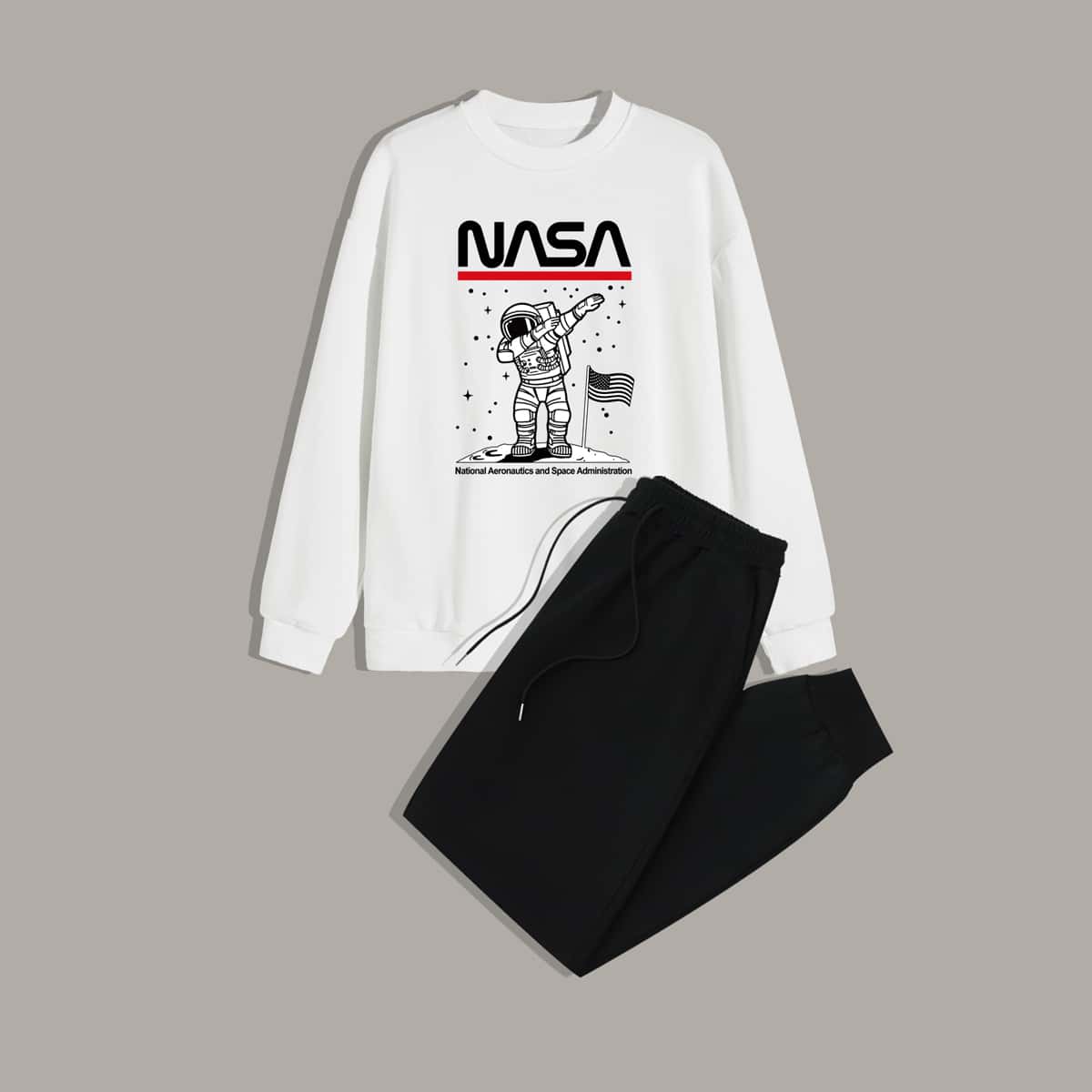 

Guys Spaceman And Letter Graphic Sweatshirt & Sweatpants, Black and white