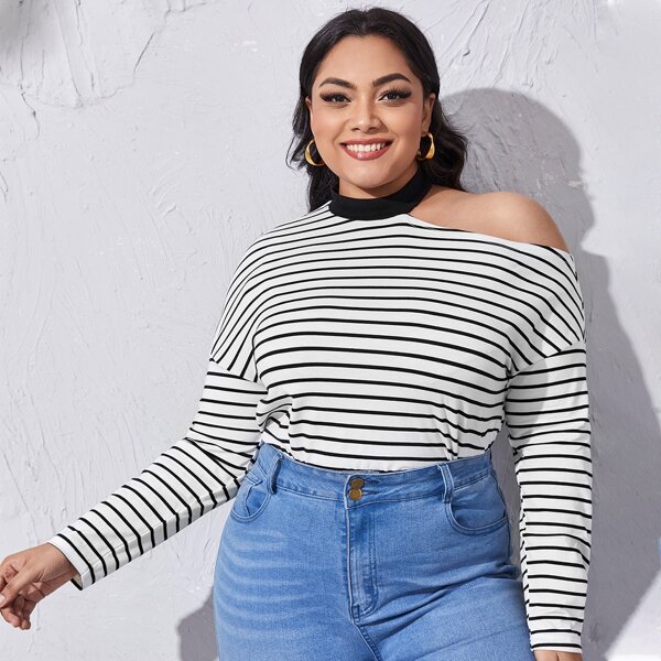 

Plus Asymmetrical Neck Striped Tee, White